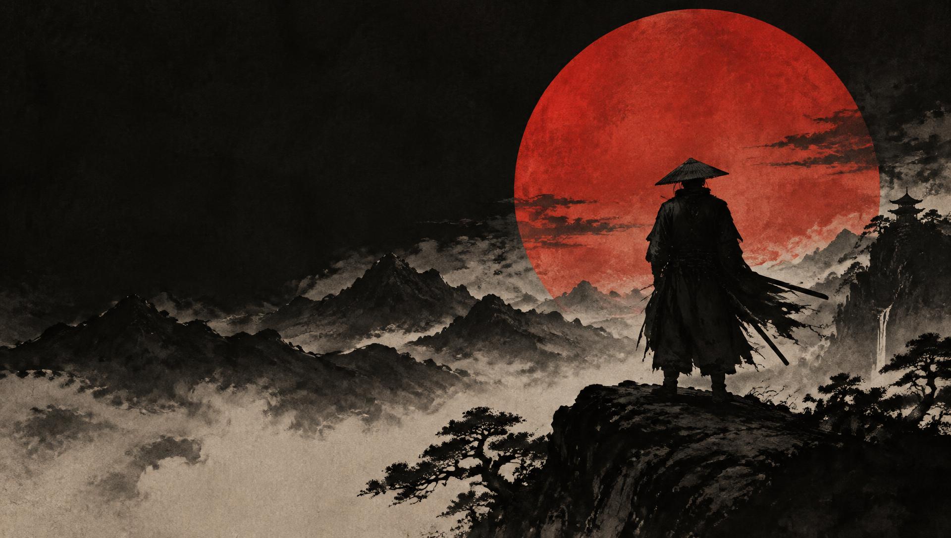 A faceless ronin stands on a misty ridge before a vast crimson sun